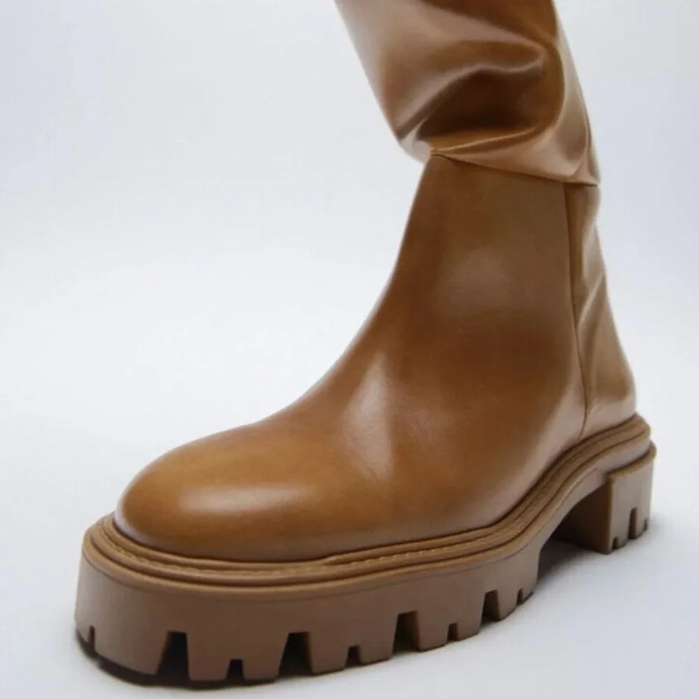 ZARA Flat Knee Brown Tall Leather Boots - Picture 6 of 16